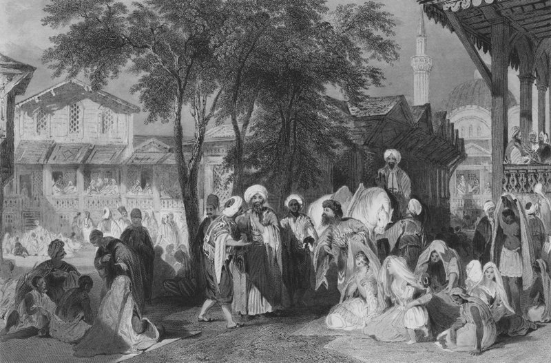 O Bazar de Aurut, ou Mercado de Escravos, Constantinopla (gravura) de Thomas (after) Allom