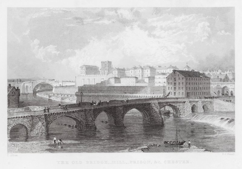 A Ponte Velha, Moinho, Prisão, etc, Chester (gravura) de Thomas (after) Allom