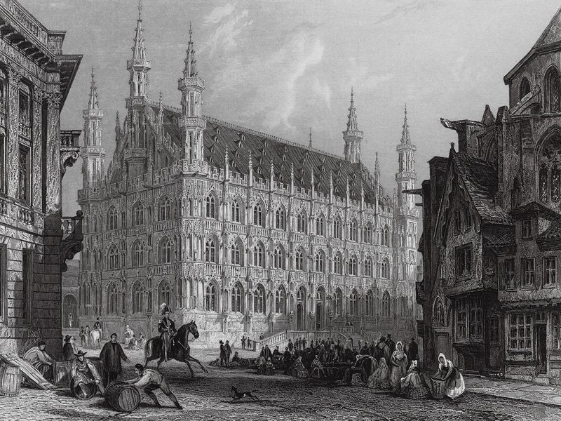 Câmara Municipal de Lovaina, com parte da Catedral (gravura) de Thomas (after) Allom