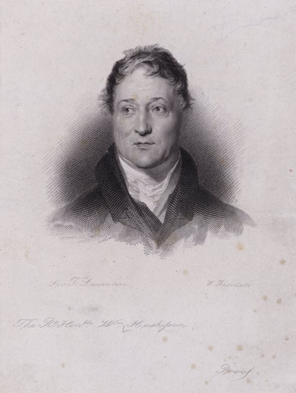 William Huskisson, político e financeiro inglês, morto em um acidente ferroviário quando foi atropelado pela pioneira locomotiva a vapor Rocket (gravura) de Robert Stephenson de Thomas (after) Lawrence