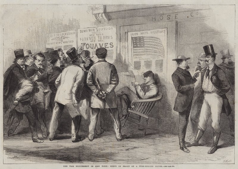 The War Excitement in New York, Cena em frente a uma Fire-Engine House (gravura) de Thomas (after) Nast