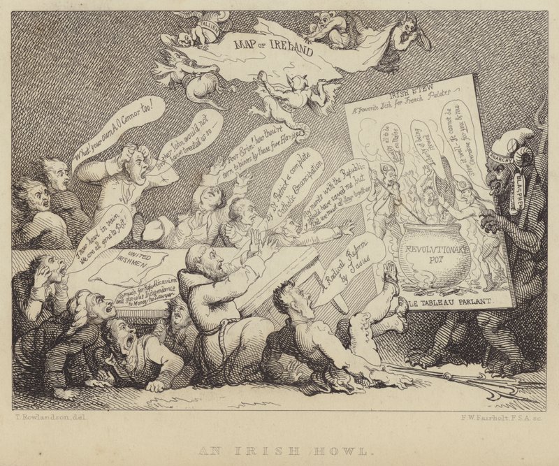 Um Uivo Irlandês: reunião da Convenção Nacional de Irlandeses Unidos sendo mostrados os horrores do republicanismo exemplificado pela Revolução Francesa de Thomas (after) Rowlandson