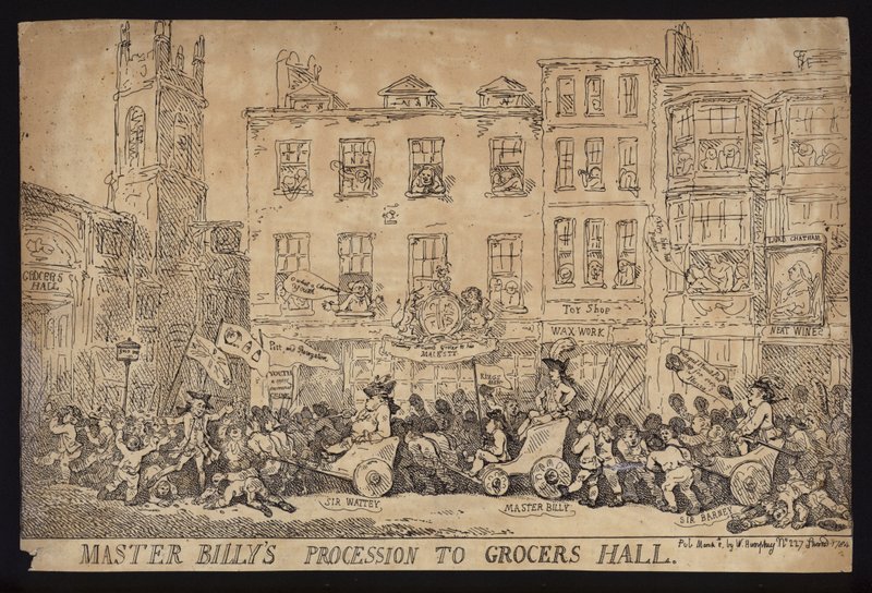 Procissão do Mestre Billy ao Grocers Hall; sátira política sobre a procissão de William Pitt, o Jovem, ao Grocers Hall para receber a liberdade da cidade de Londres de Thomas (after) Rowlandson