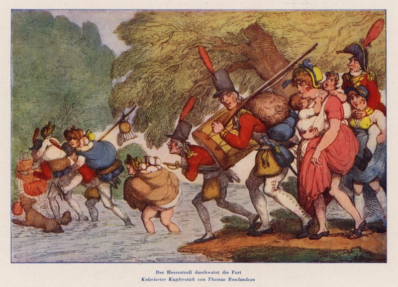 Soldados em marcha (gravura colorida) de Thomas (after) Rowlandson