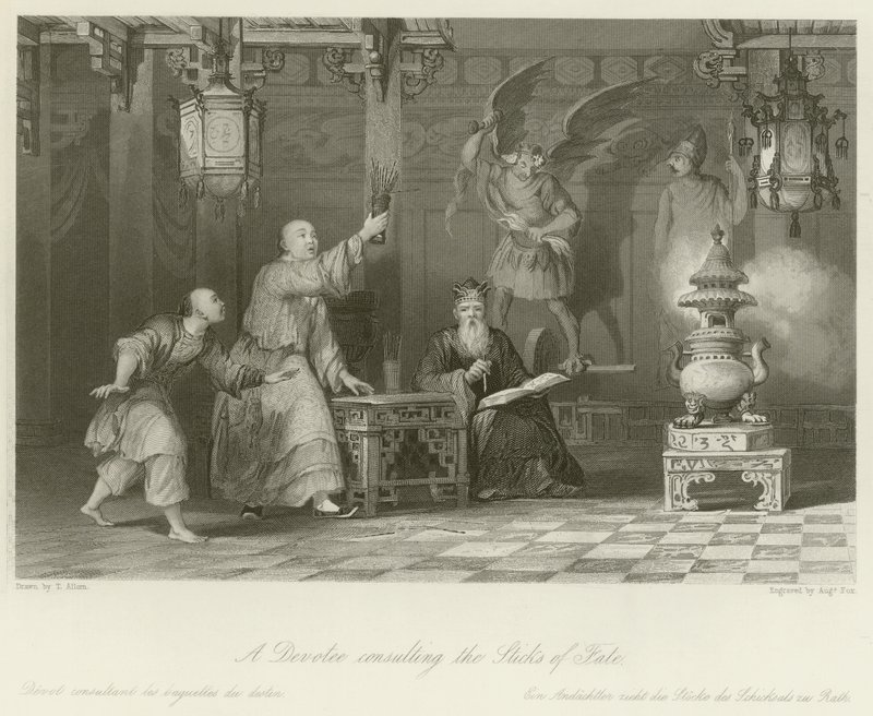 Um devoto consultando os Sticks of Fate de Thomas Allom