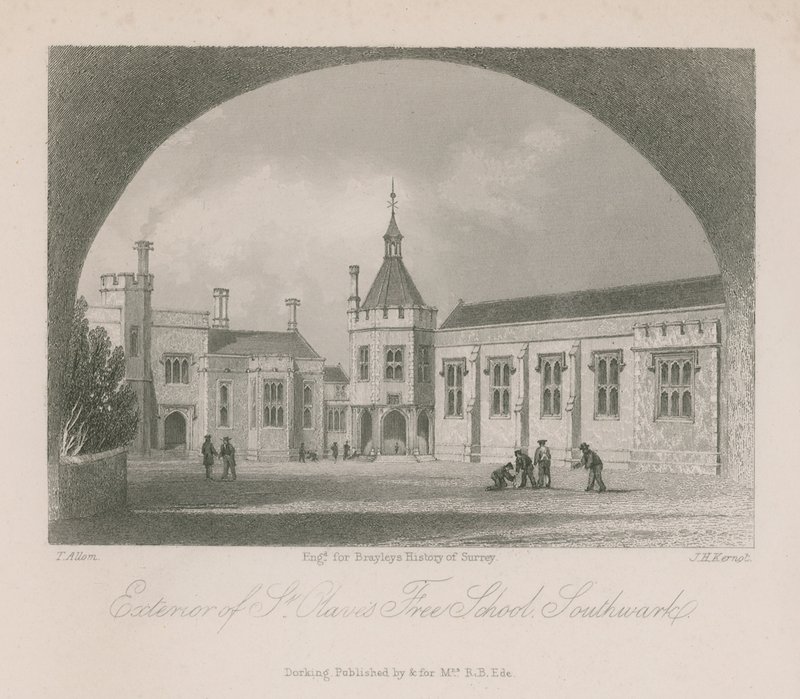 Exterior da Escola Livre de St Olave de Thomas Allom