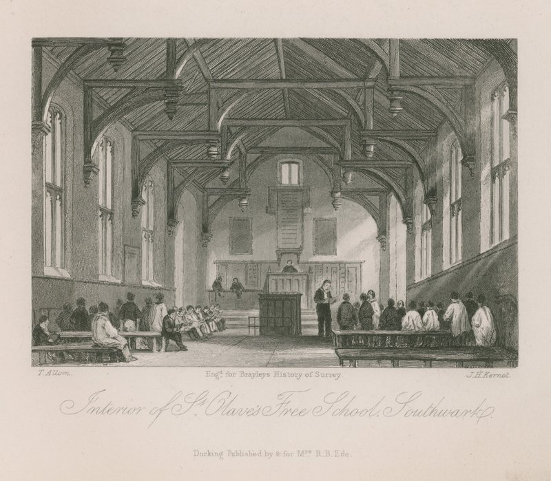 Interior da Escola Livre de St Olave de Thomas Allom