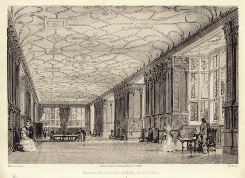 A Galeria Longa, Haddon Hall, Derbyshire (litotint) de Thomas Allom