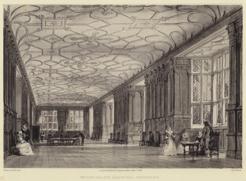 A, longo, galeria, haddon, corredor, derbyshire de Thomas Allom