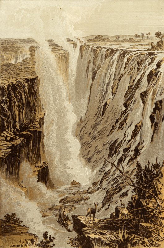 A queda de Victoria, Zambesi, do extremo leste do abismo (cromolitho) de Thomas Baines