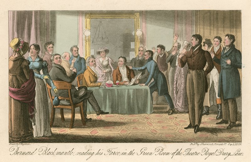 Bernard Blackmantle, lendo sua farsa na sala verde do teatro real, Drury Lane, Londres de Thomas Charles Wageman