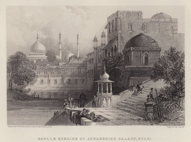 Baoli, e Restos do Palácio de Jehanghir, Delhi (cor litho) de Thomas Colman (after) Dibdin