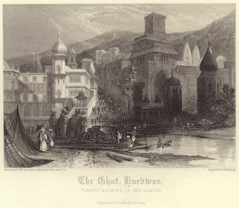 O Ghat em Hurdwar com hindus tomando banho no Ganges de Thomas Colman Dibdin