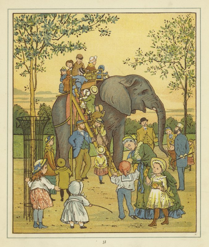Um, grupo pessoas, em, londres, jardim zoológico, quadro, ao lado, um, elefante, dar, passeios de Thomas Crane
