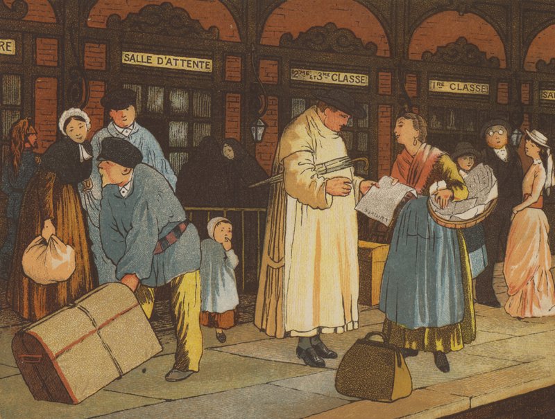 No caminho de Caen a Paris: uma estação ferroviária (cor litho) de Thomas Crane