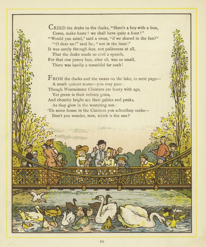 Linhas de verso ilustradas por uma imagem de pessoas em uma ponte de Thomas Crane