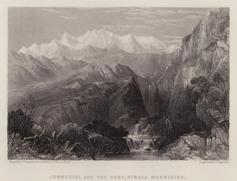Jumnoutri e o Cone, Montanhas Himalaia (cor litho) de Thomas Creswick