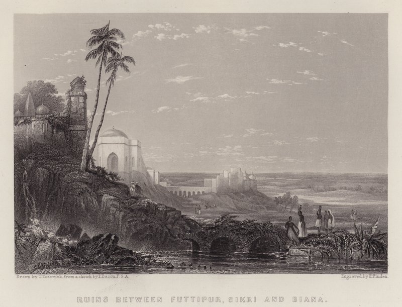 Ruínas entre Futtipur, Sikri e Biana (cor litho) de Thomas Creswick