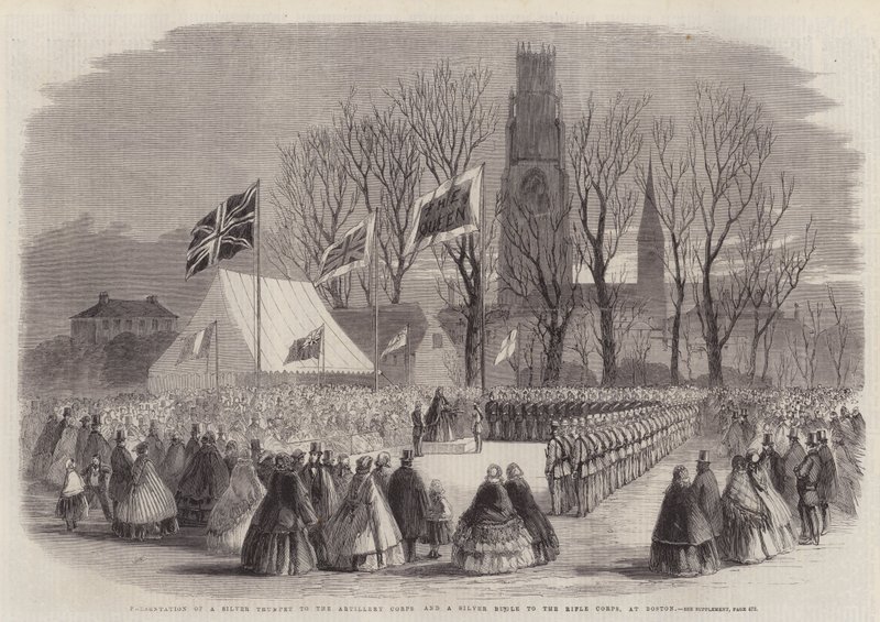 Apresentação de uma trombeta de prata para o corpo de artilharia e um clarim de prata para o corpo de fuzileiros, em Boston de Thomas Harrington Wilson