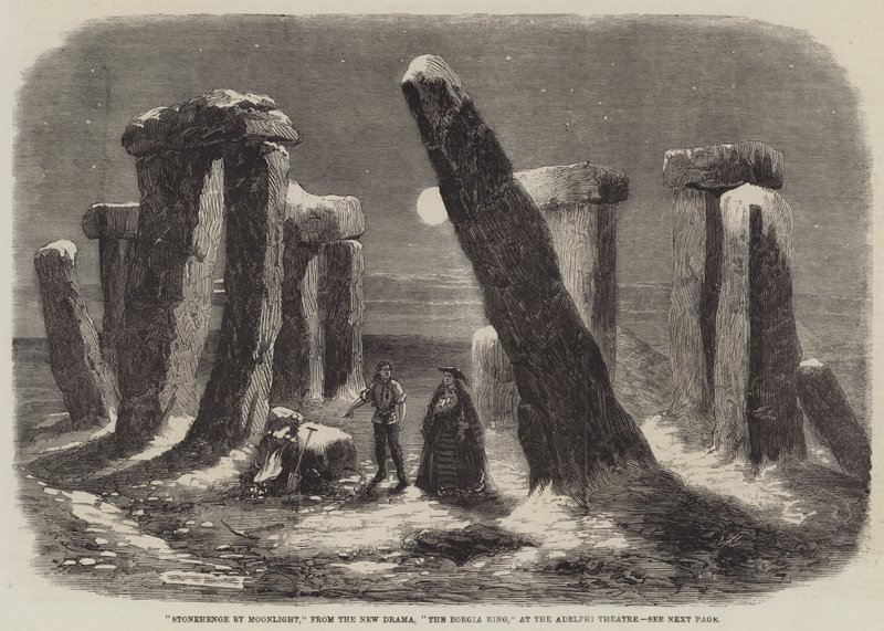 Stonehenge por Moonlight, do novo drama, o anel de Borgia, no teatro Adelphi de Thomas Harrington Wilson