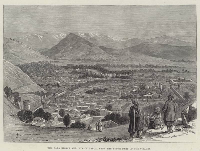 O Bala Hissar e a cidade de Cabul, da parte superior da cidadela de Thomas Harrington Wilson