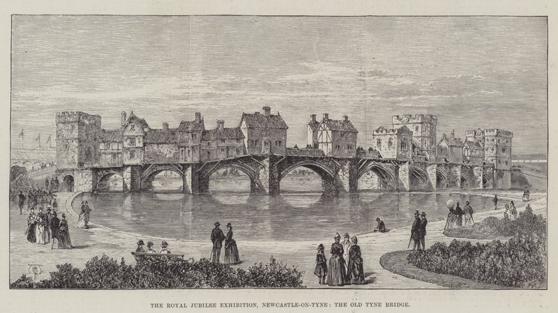 A exposição do jubileu real, Newcastle-on-Tyne, a ponte velha de Tyne de Thomas Harrington Wilson