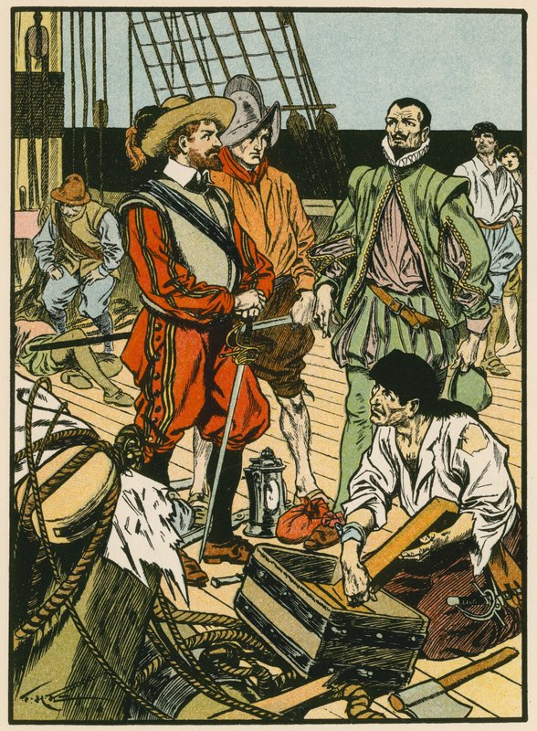 Tesouro capturado. Sir Francis Drake (litografia a cores) de Thomas Heath Robinson