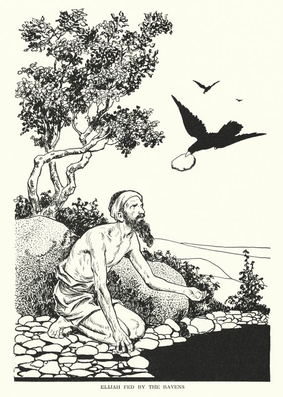 Elias alimentado pelos corvos (litografia) de Thomas Heath Robinson