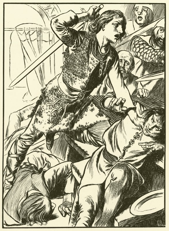 Hereward e os seus homens atacam os normandos (gravura) de Thomas Heath Robinson