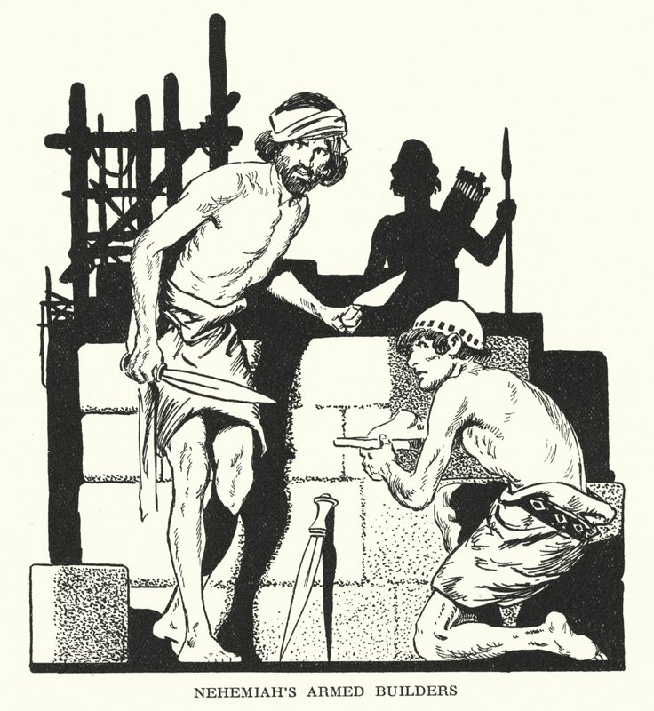 Os construtores armados de Neemias (litografia) de Thomas Heath Robinson