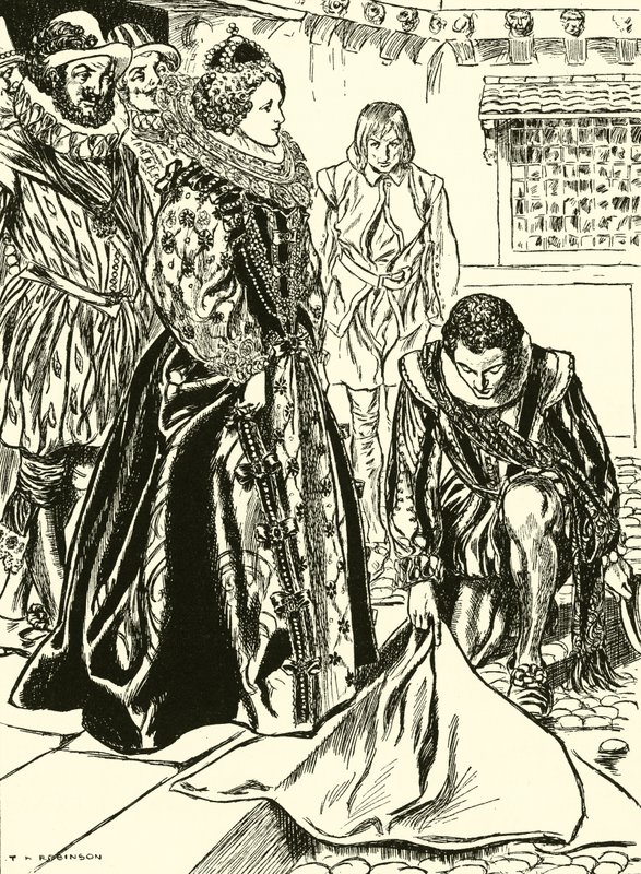 Raleigh estende o seu manto perante Isabel (gravura) de Thomas Heath Robinson