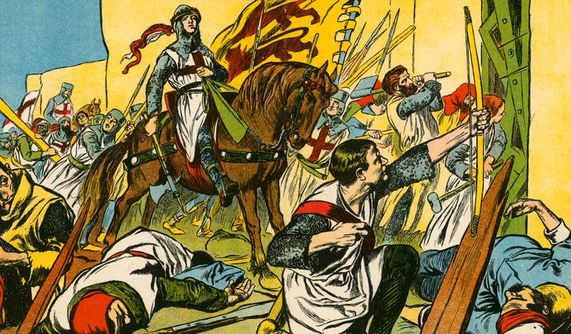Ricardo Coração de Leão em combate na Terra Santa (litografia a cores) de Thomas Heath Robinson