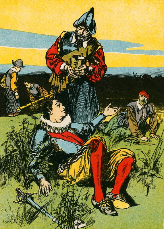Sir Philip Sidney e o soldado moribundo (litografia a cores) de Thomas Heath Robinson