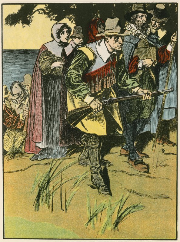 Os Padres Peregrinos a entrar no Novo Mundo (litografia a cores) de Thomas Heath Robinson