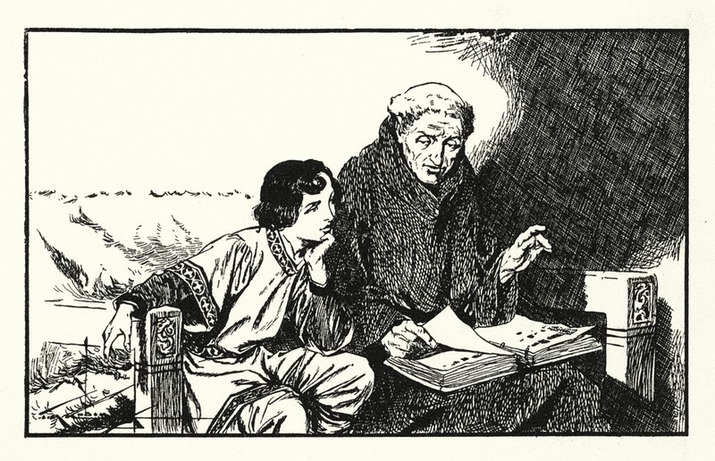 O futuro rei Alfredo a ser educado (litografia) de Thomas Heath Robinson