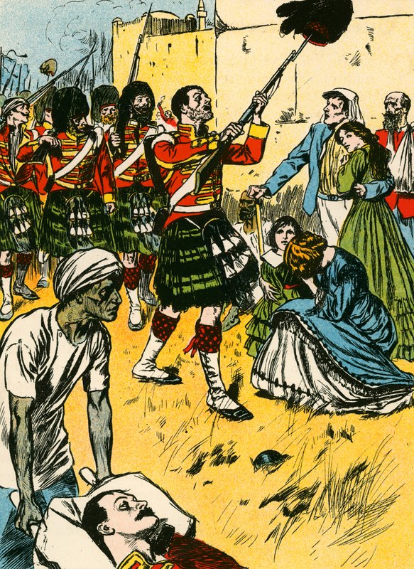 Os highlanders a entrar em Lucknow (litografia a cores) de Thomas Heath Robinson