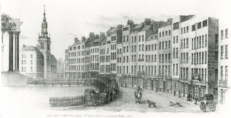 O lado sul da Catedral de São Paulo, Londres, o pátio da igreja, a Igreja de St Austin e o final da Watling Street de Thomas Hornor
