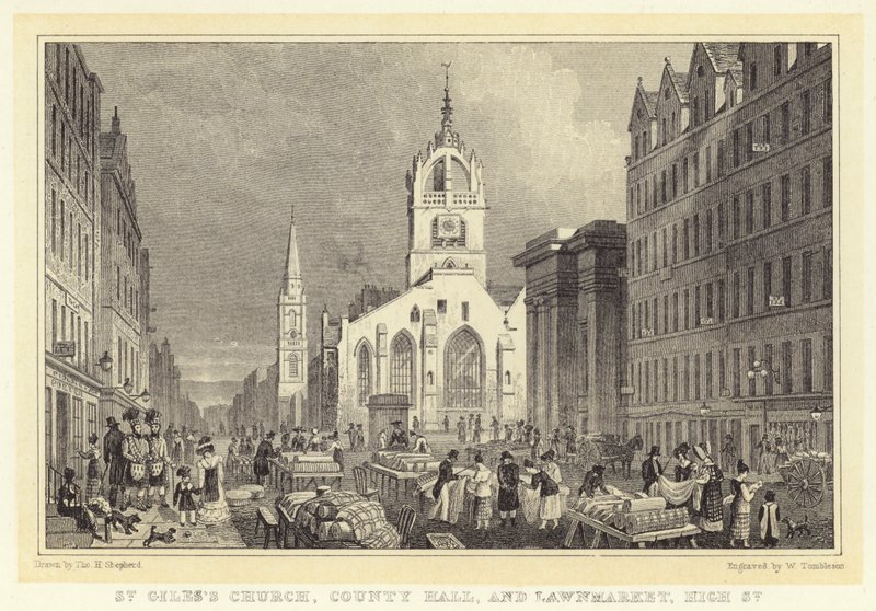 Igreja de São Giles, Câmara Municipal e Lawnmarket, High Street (gravura) de Thomas Hosmer (after) Shepherd