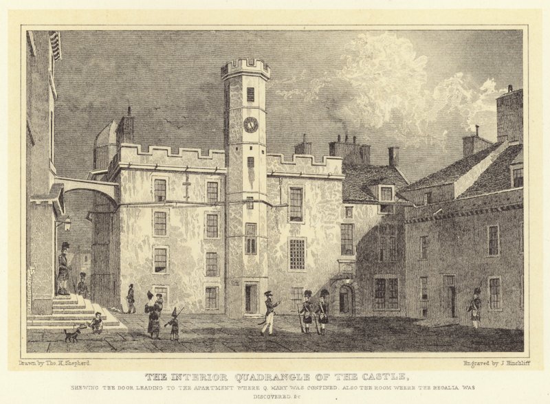 O Quadrilátero Interior do Castelo, abrindo a porta que conduz ao apartamento onde estava confinada a Rainha Maria, também a sala onde foi descoberto o Regalia etc. (gravura) de Thomas Hosmer (after) Shepherd