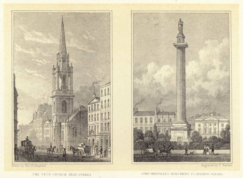 A Igreja Tron, High Street; Monumento do Senhor Melville, Praça de Santo André (gravura) de Thomas Hosmer (after) Shepherd