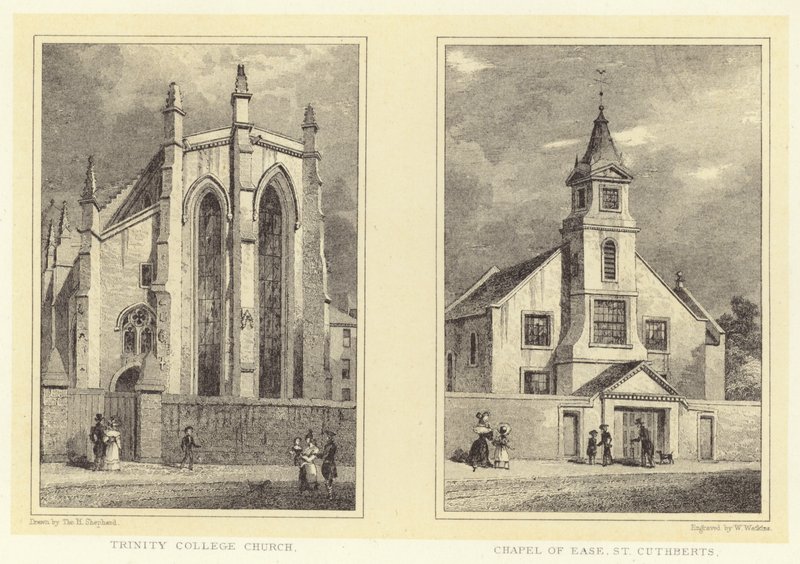 Igreja do Colégio da Trindade; Capela da Facilidade, St Cuthberts (gravura) de Thomas Hosmer (after) Shepherd
