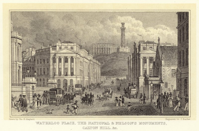 Waterloo Place, os Monumentos Nacionais e Nelson, Calton Hill, etc (gravura) de Thomas Hosmer (after) Shepherd