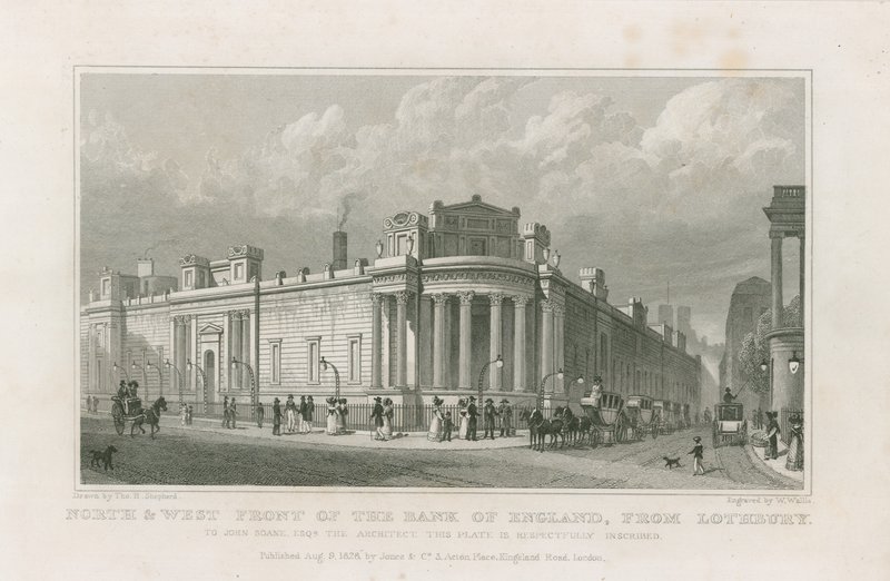 Banco da Inglaterra, as frentes de Sir John Soane de Thomas Hosmer Shepherd