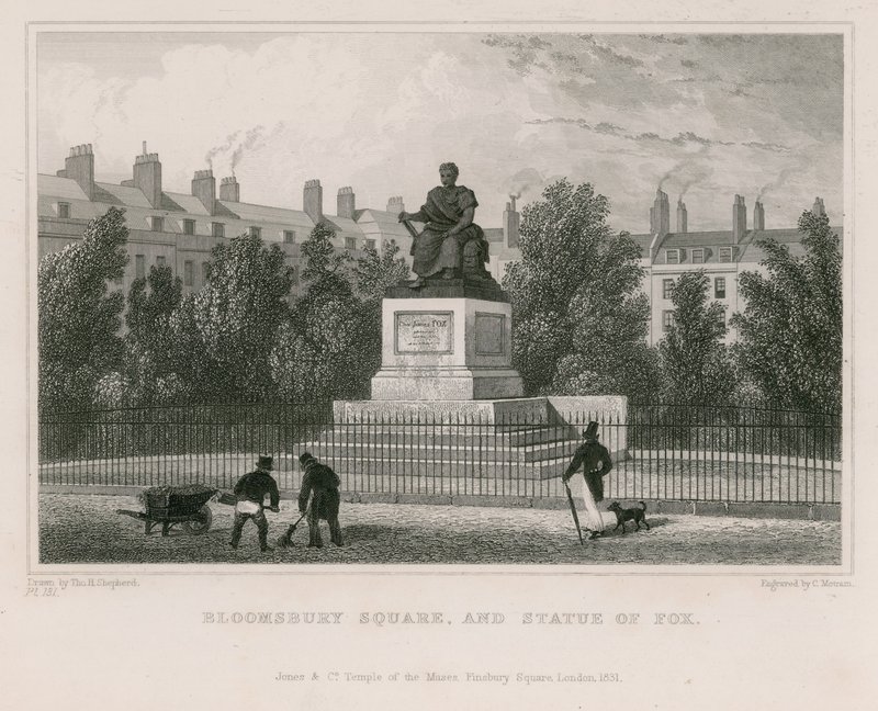 Bloomsbury Square e estátua de Fox de Thomas Hosmer Shepherd