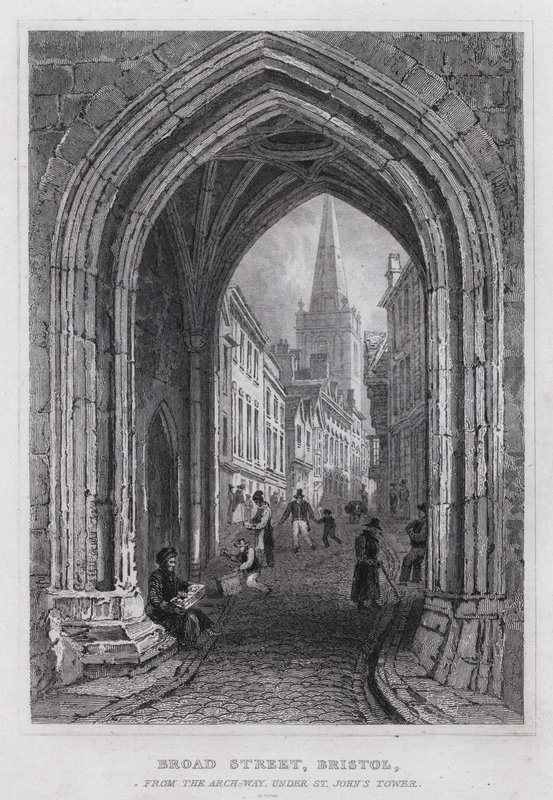 Broad Street, Bristol, a partir da Arch-Way, sob a Torre de São João (gravura) de Thomas Hosmer Shepherd
