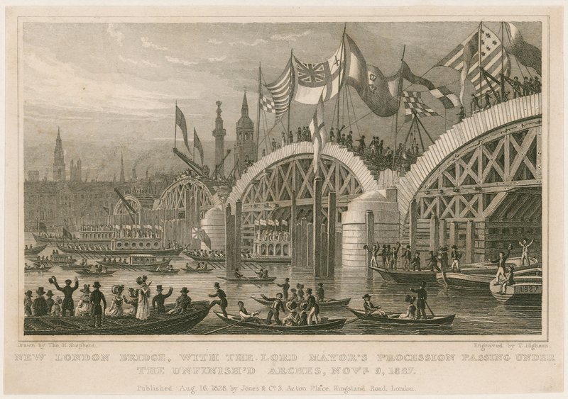 Construção da New London Bridge, 9 de novembro de 1827 de Thomas Hosmer Shepherd