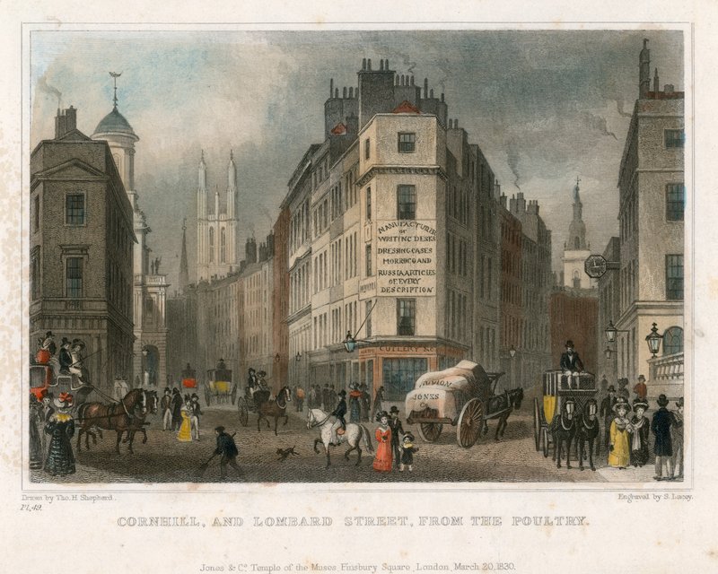Cornhill e Lombard Street, em Londres, das aves de capoeira de Thomas Hosmer Shepherd