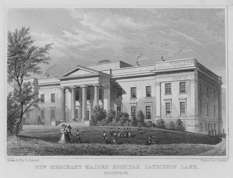 Novo Hospital Merchant Maiden, Lauriston Lane, Edimburgo (gravura) de Thomas Hosmer Shepherd