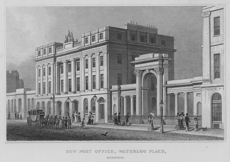 Nova estação dos correios, Waterloo Place, Edimburgo (gravação) de Thomas Hosmer Shepherd