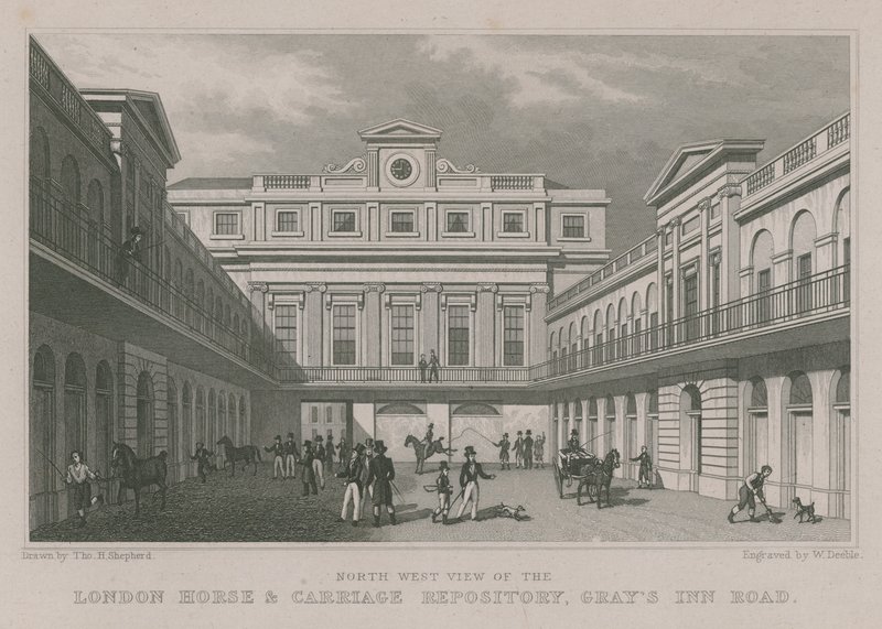 Vista noroeste do Repositório de Cavalos e Carruagens de Londres, Gray&39;s Inn Road de Thomas Hosmer Shepherd